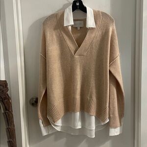 NWT BROCHU WALKER MED BUFF MELANGE W/WHITE HOLM LAYERED VEE SWEATER